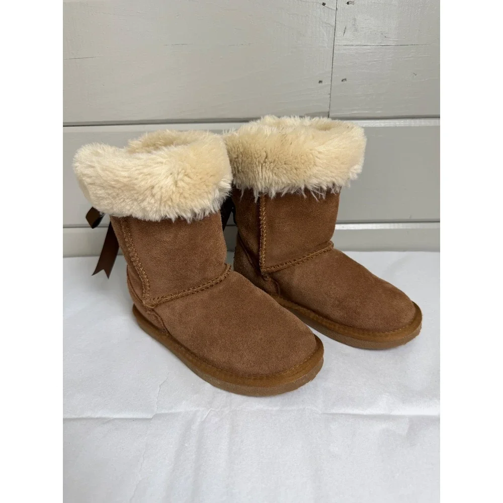 Lamo Winter Boots Youth 13Y Chestnut Brown Suede Faux Fur Bows DFL50002369
